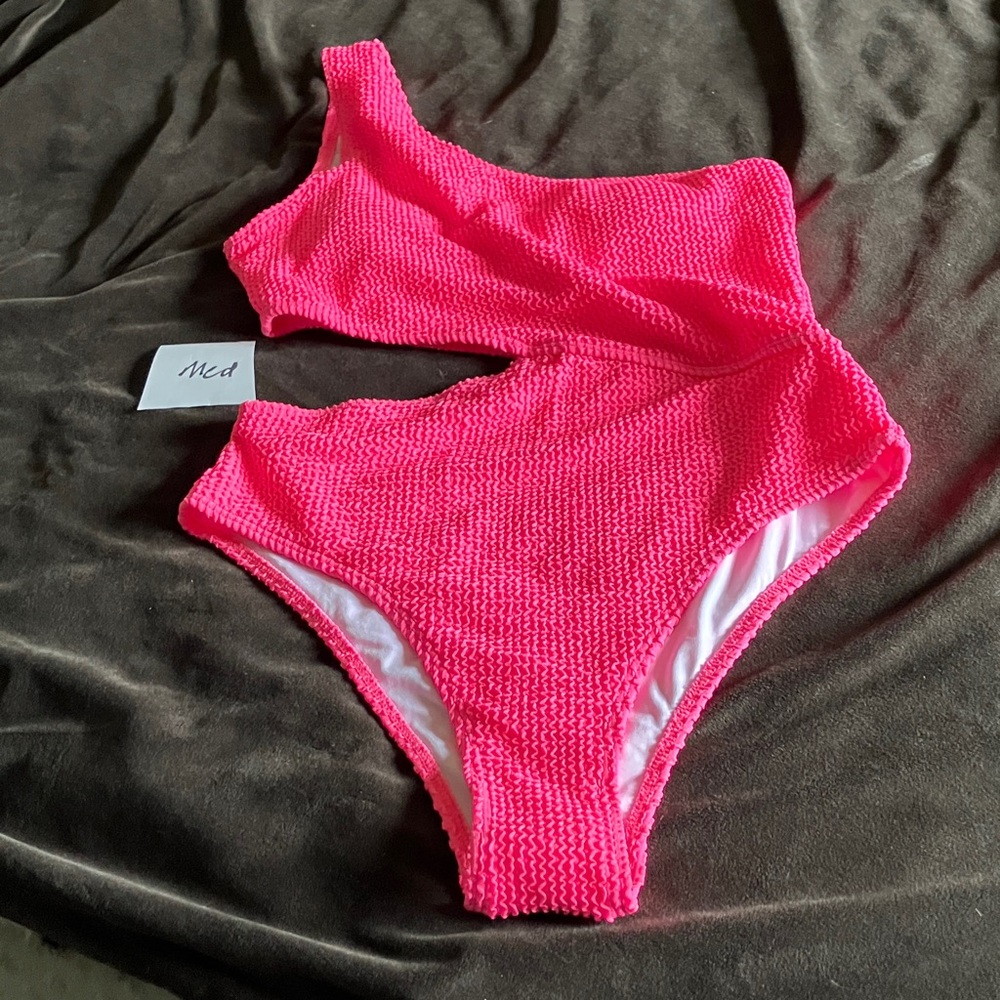 Hot Pink One-Shoulder Textured Cutout Swimsuit